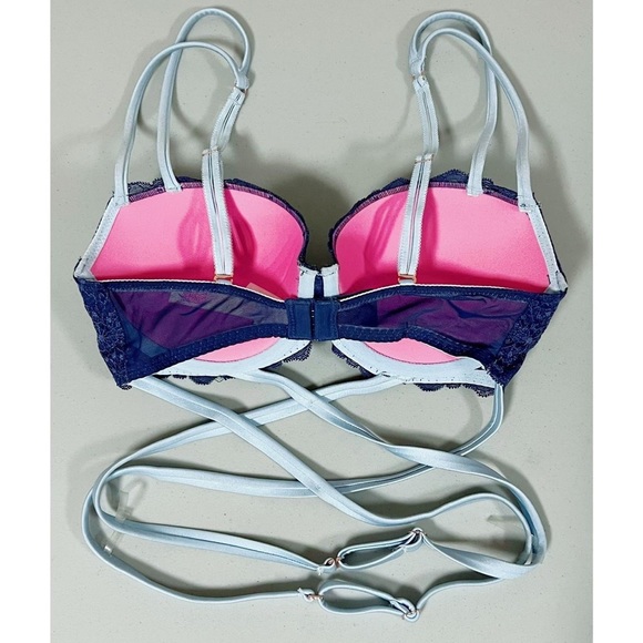Victoria’s Secret Blue Criss-Cross Lace Bustier Bra Bralette Lingerie Size 32D - Picture 2 of 3
